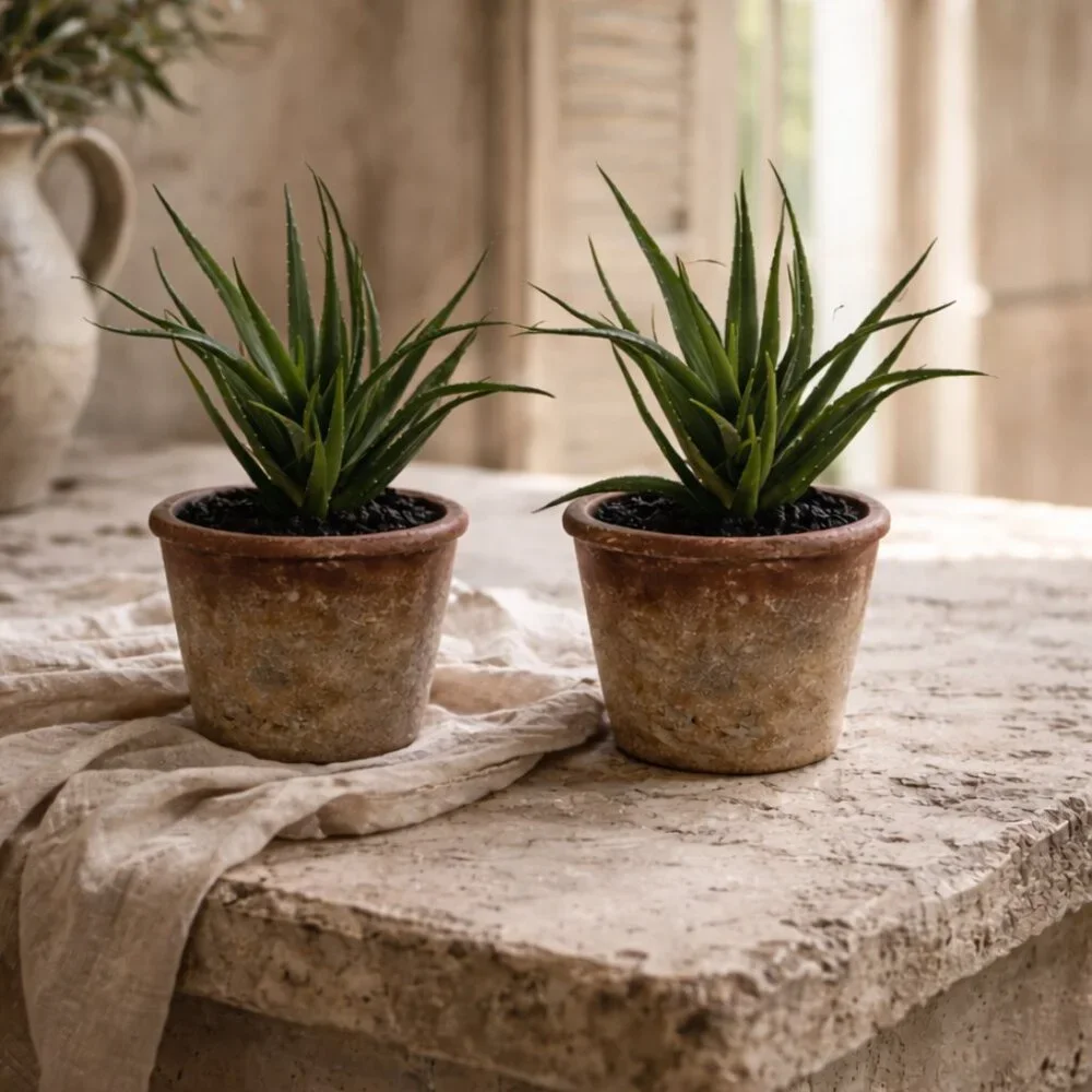 Set of 2 Faux Lifelike Aloe Plant In Rustic Terracotta Pot Planter